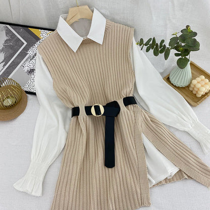 Suit Temperament Shirt Knitted Vest Jacket Female Two-Piece Trend