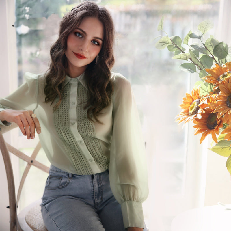 Beautiful Women's Stitching Top Fashion All-match Commuter Style Lace Chiffon Shirt Pale Green