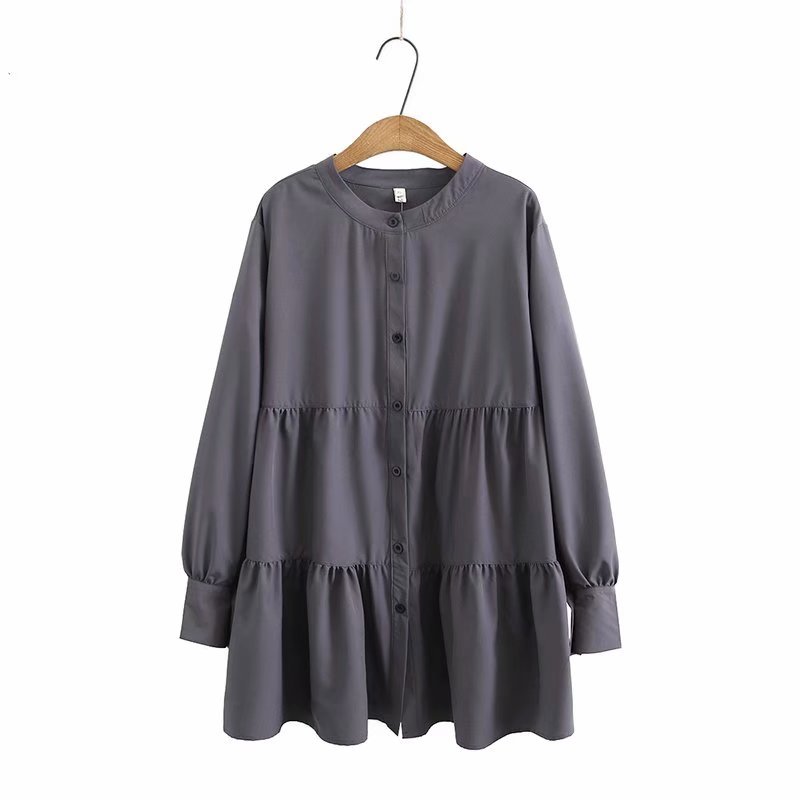 Medium Length Small Stand Collar Shirt Pleated Skirt