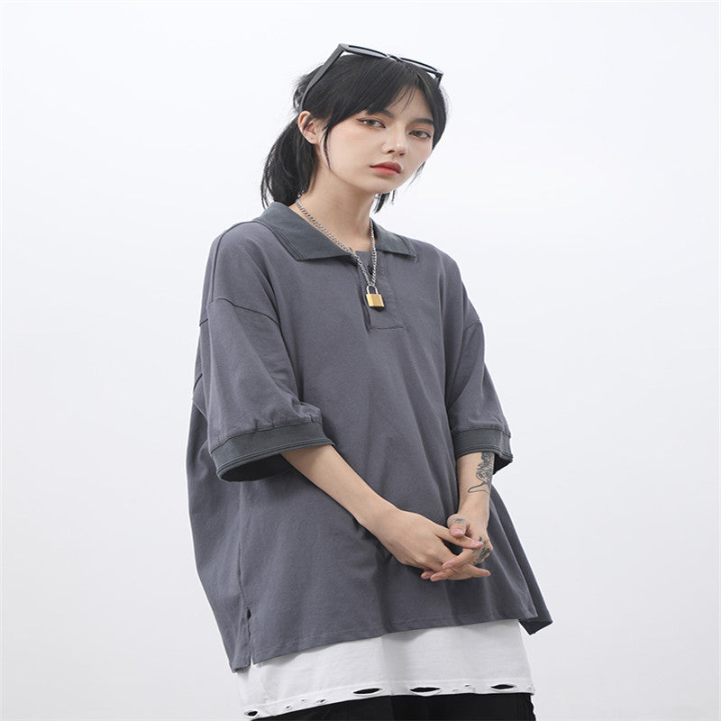 Simple solid color loose trendy brand half sleeve shirt