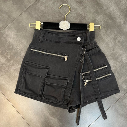 Workwear Denim Shorts Green Belt Loop Decorative Hot Pants