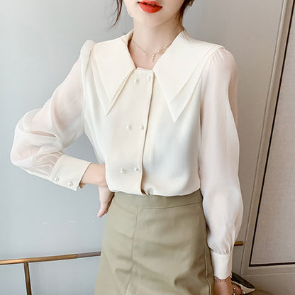 Han Fan Design Sense Chiffon Shirt Long Sleeve Autumn New Double Layer Baby Collar Top Black And White Blouse Fashion