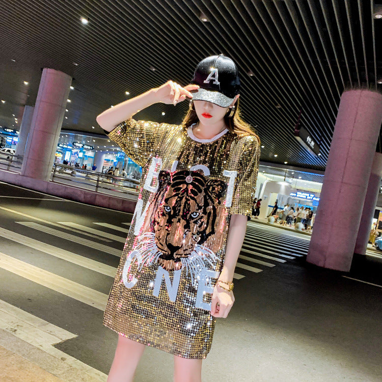 Women's Large Size Mid-length Sequined T-shirt Short Sleeve Loose