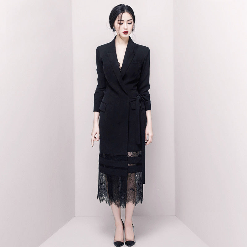 Lace Long Patchwork Suit Skirt Black Dress