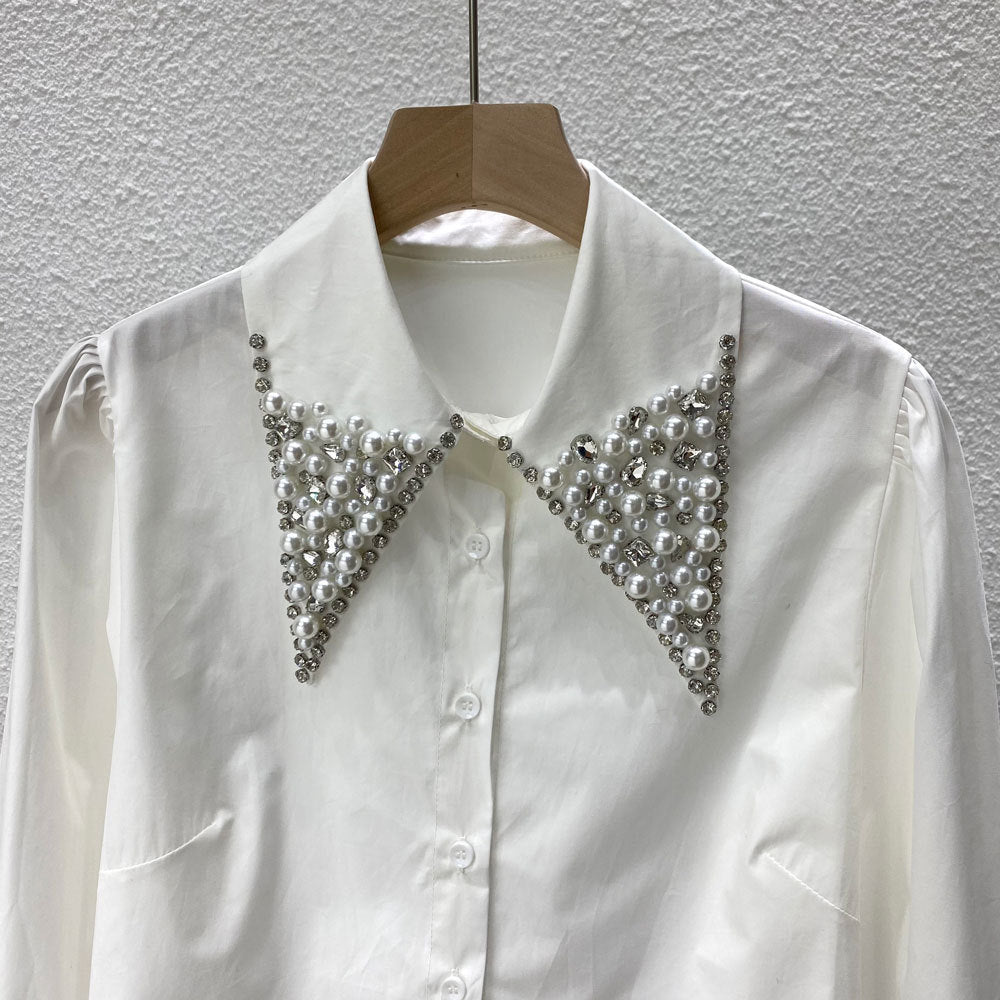 Chemise à manches longues avec perles pour femmes, chemisier français ample et assorti avec tout, fait à la main, nouvelle industrie lourde, printemps