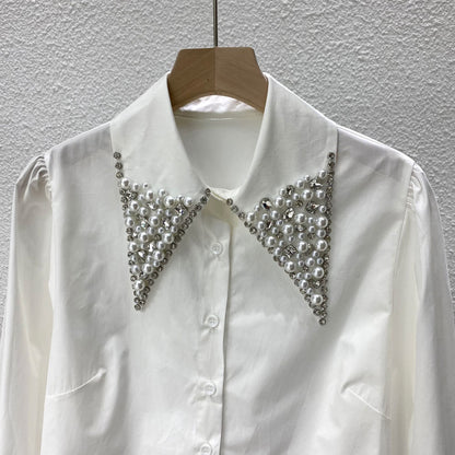 Spring New Heavy Industry Handmade Beaded Long-sleeved Shirt Women's French Loose All-match Blouse