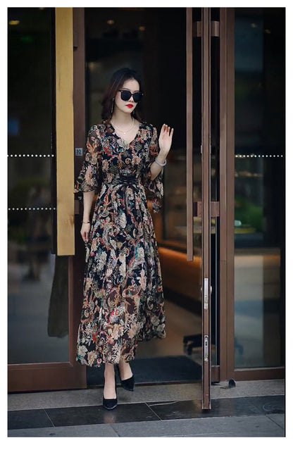 Vestido Mujer Reducción de Edad Escote en V Floral