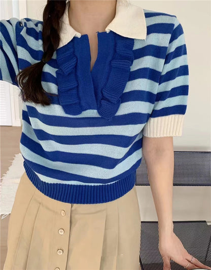 Doll Lapel And Fungus Edge Short Striped Short-sleeved Sweater