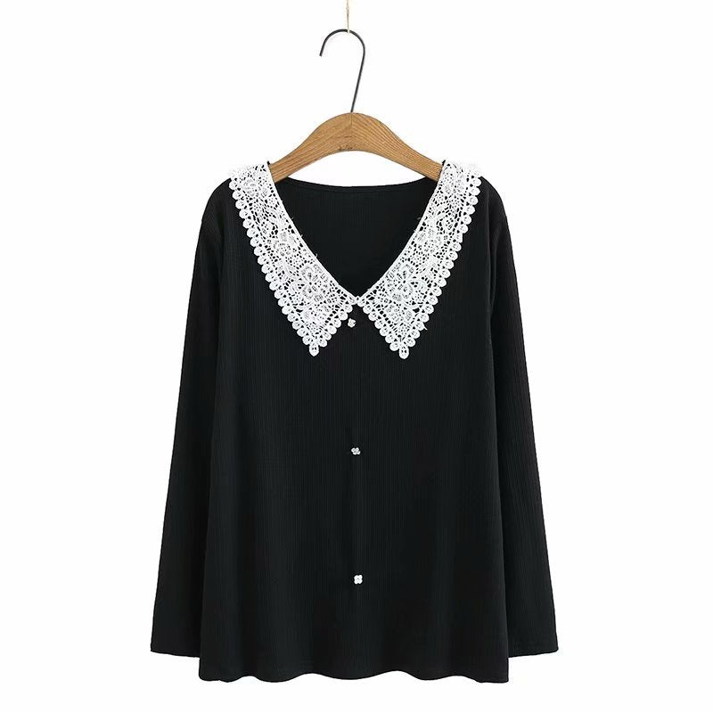 Ladies Age-Reducing Lace Collar Long Sleeve T-Shirt