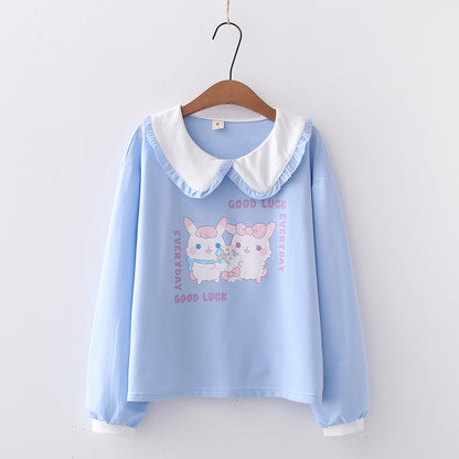 Middle School Student Rabbit Wood Ears Doll Collar Long Sleeve Sweater Women Autumn