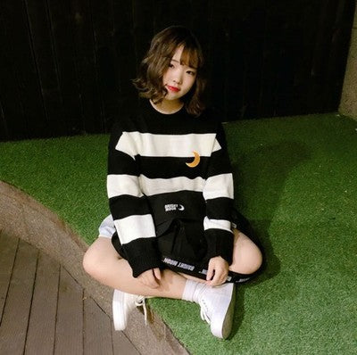 Color matching girl student wide striped knit