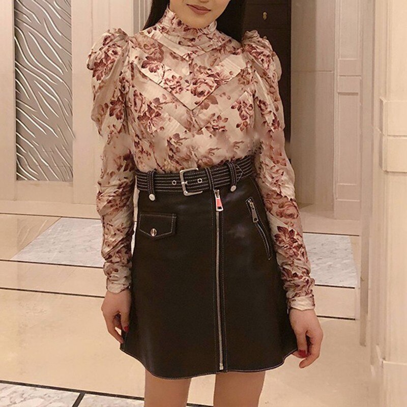 Stitching Long Sleeve Shirt Bow Puff Sleeve Pleated Print Top