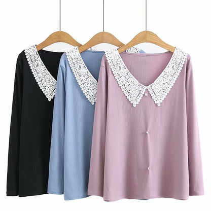 Ladies Age-Reducing Lace Collar Long Sleeve T-Shirt