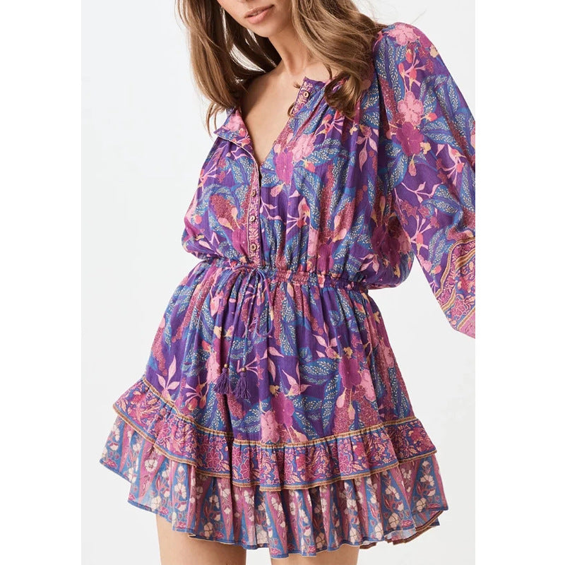 Bohemian resort-style print long sleeve dress