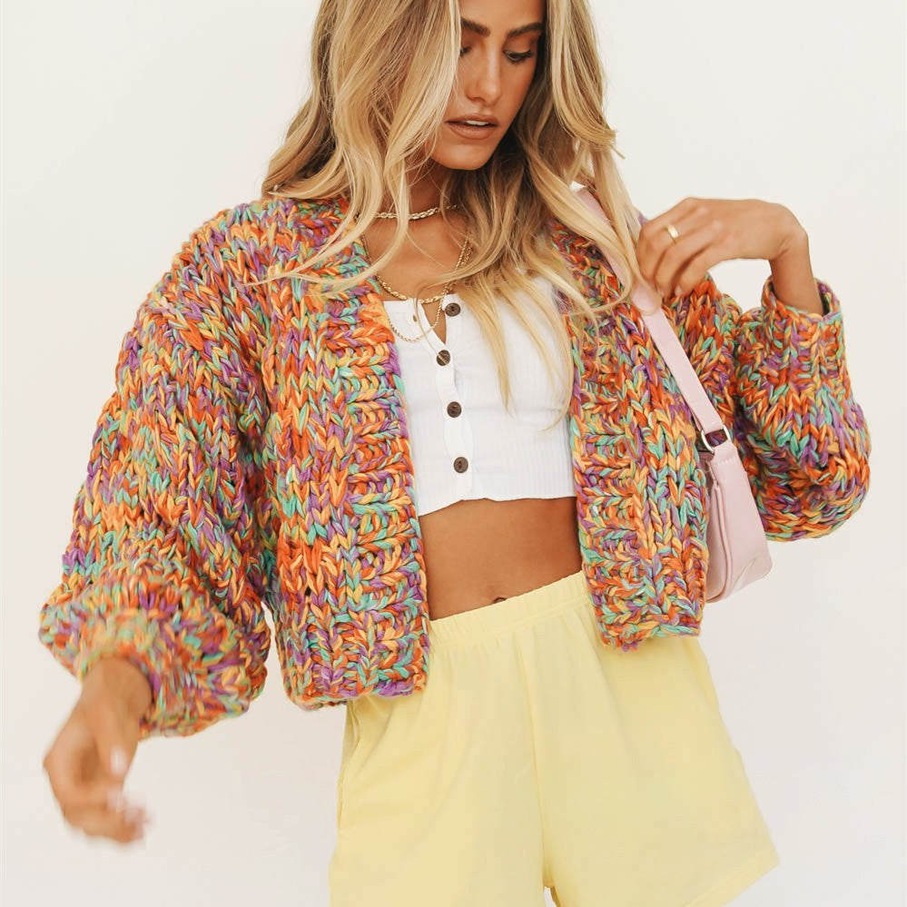 Rainbow Woven Lantern Sleeve Knitted Cardigan