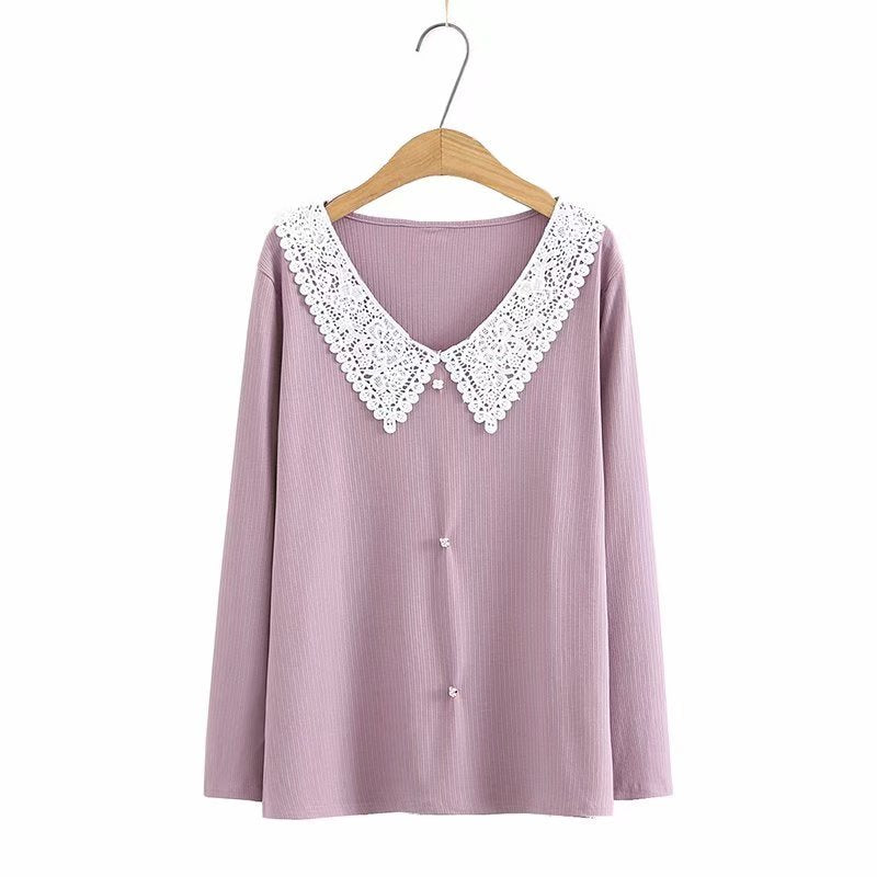 Ladies Age-Reducing Lace Collar Long Sleeve T-Shirt