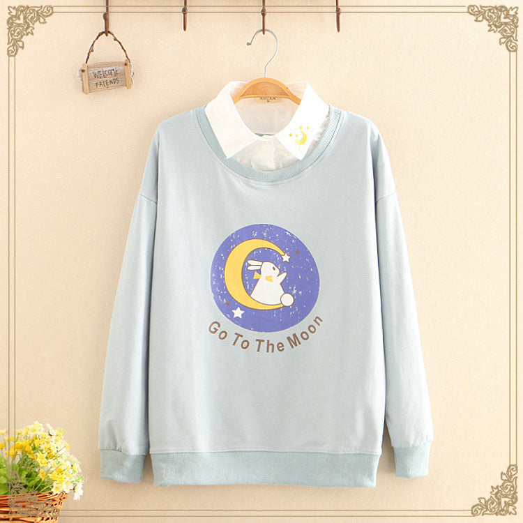 Japanese style lapel print moon rabbit long sleeves