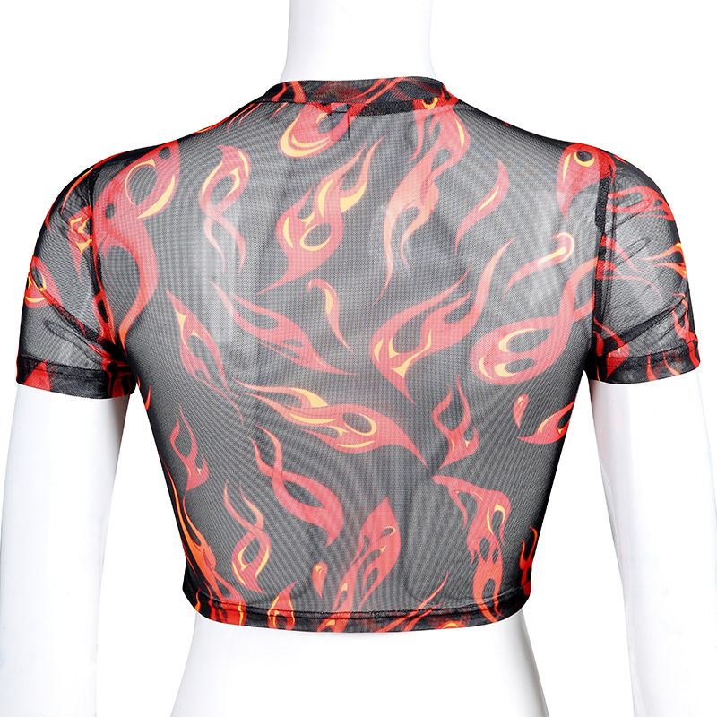 Camiseta con chaqueta con estampado de malla transparente para mujer sexy 