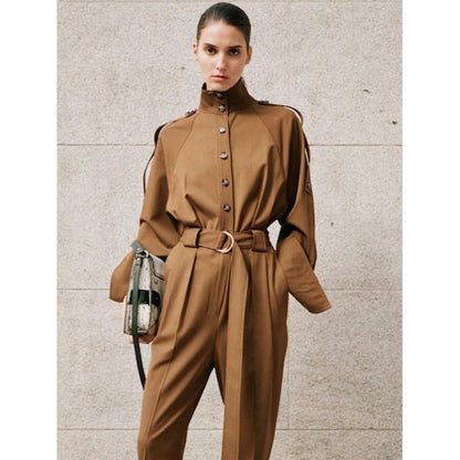 All-Match Loose-Fitting Belted Long-Sleeved Jumpsuit