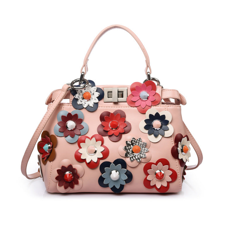 Bolso de piel de vaca, bolso de mano, mini bolso de hombro con flores, bolso diagonal para mujer