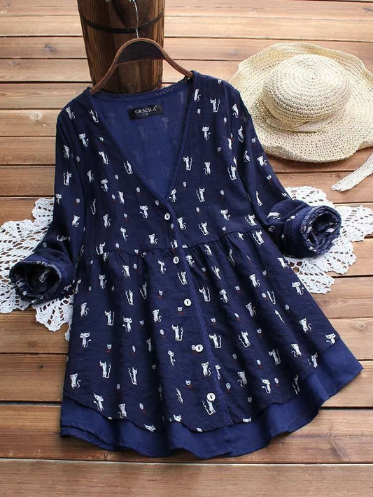 spring new explosion cotton and linen printed fake two-piece shirt S-5XL