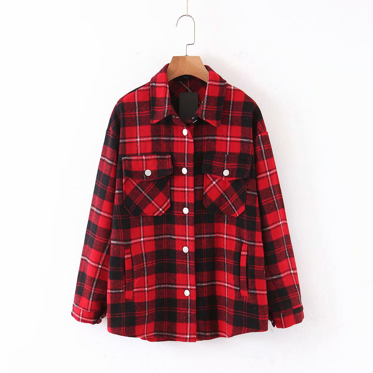 New Lapel Woolen Plaid Shirt Jacket Women