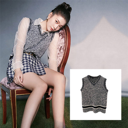 Long Sleeve Temperament Mesh Shirt Knitted Vest Plaid High Waist Skirt Set