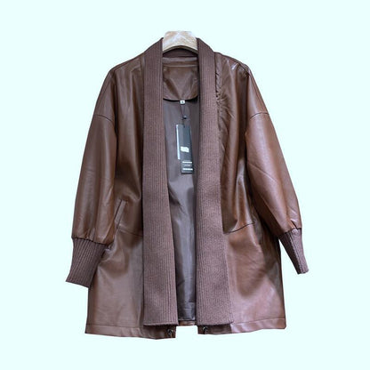 Knitted Stitching Mid-length Leather Coat Women