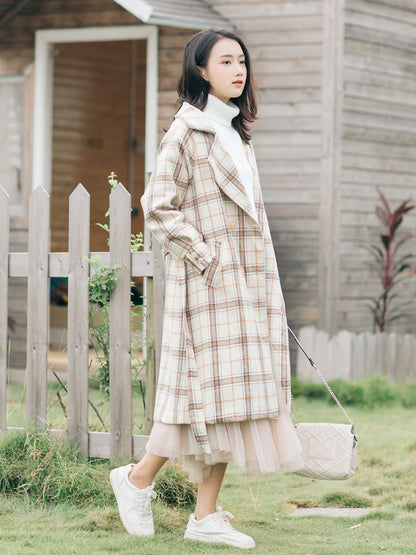 Plaid Beige Lapel Over-The-Knee Woolen Korean Style Coat