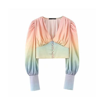 Colorful gradient lantern sleeve short shirt