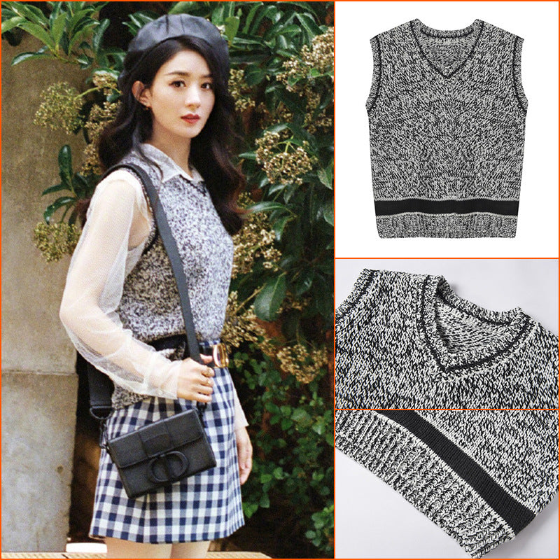 Long Sleeve Temperament Mesh Shirt Knitted Vest Plaid High Waist Skirt Set