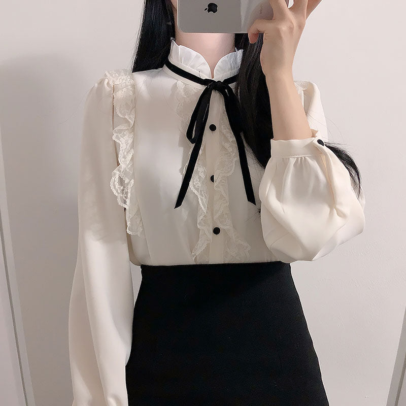 Temperament bottoming shirt bow chiffon shirt