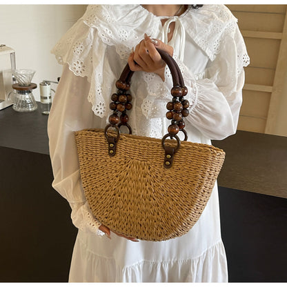 Bolso de mujer trenzado, bolso de mano para vacaciones en la playa, gran capacidad, informal, semicircular