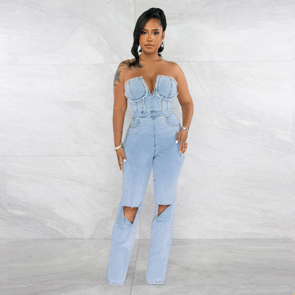 Women's V-Neck Denim With Hole Zip Pocket Jumpsuit