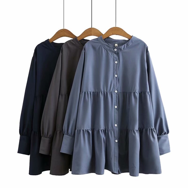 Medium Length Small Stand Collar Shirt Pleated Skirt