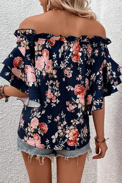 Blusa floral con volantes y hombros descubiertos y mangas con volantes azul