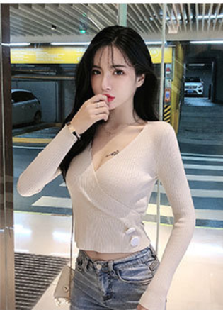 V-neck waist slimming knitted bottoming shirt