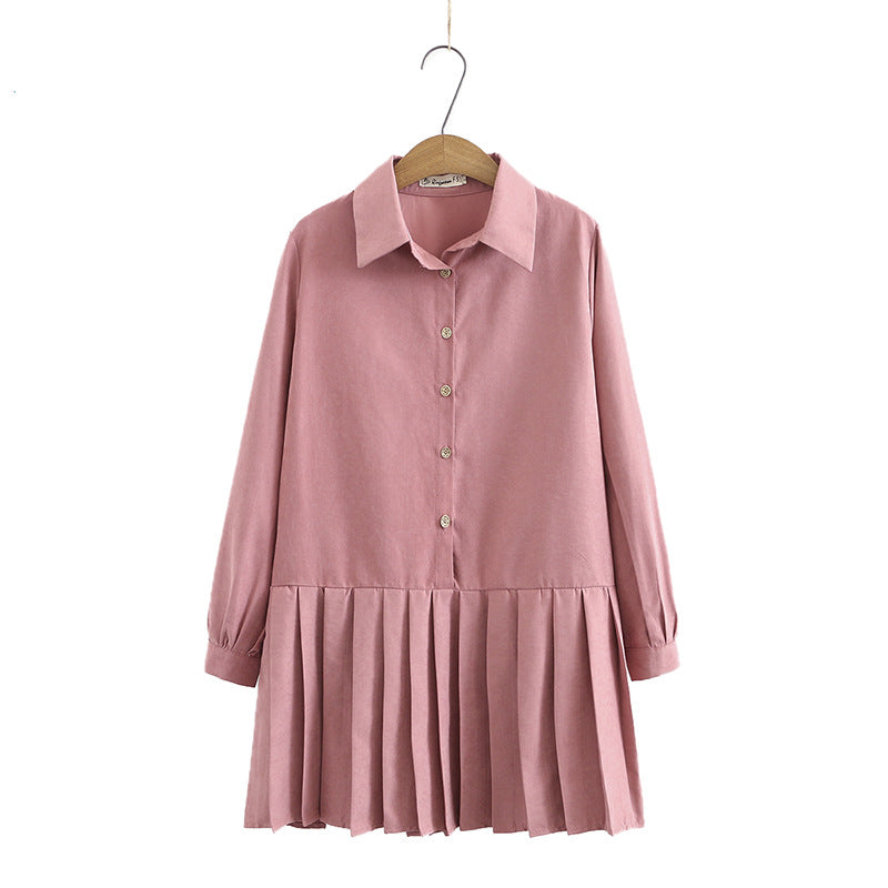 Pleated Dress With Long Sleeves And Shirt Collar