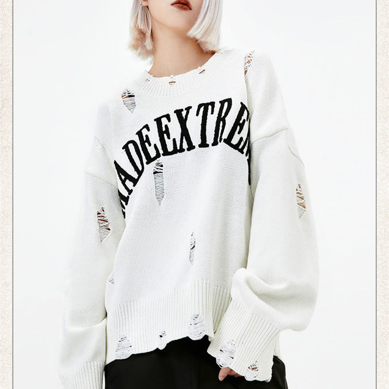 Letter Idle Style Wormhole Damaged Knitted Sweater