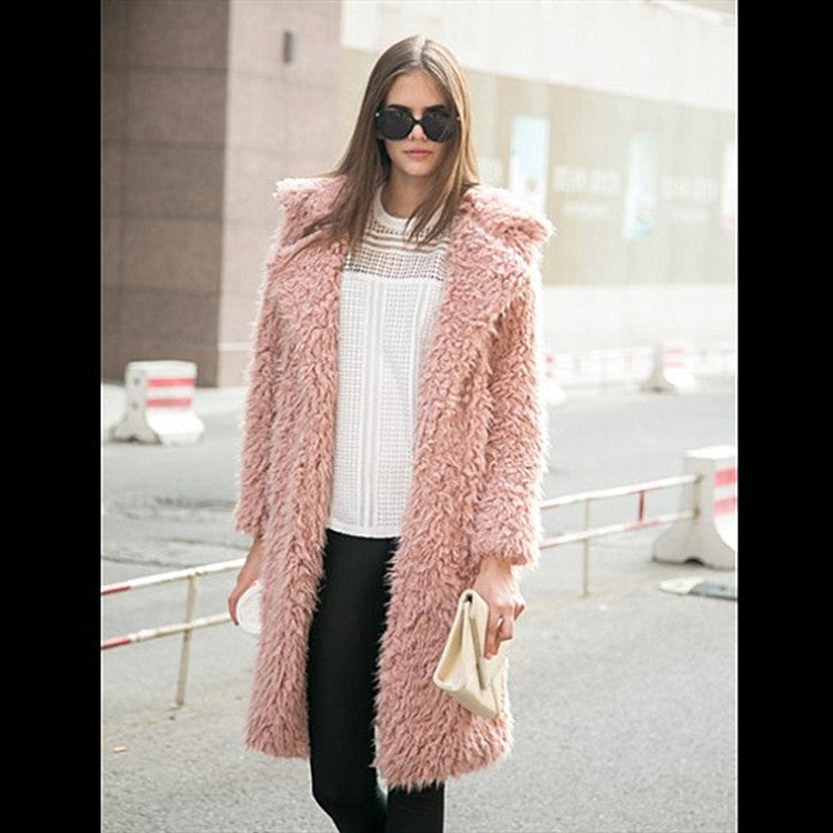 Autumn And Winter Ladies New Lamb Wool Long Trench Coat Imitation Fur Suit Coat Overcoat