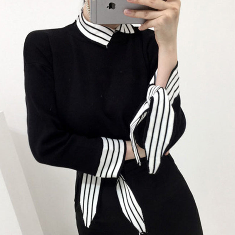 Slim-Fit Cuff Taped Striped Contrast Pullover Sweater Top