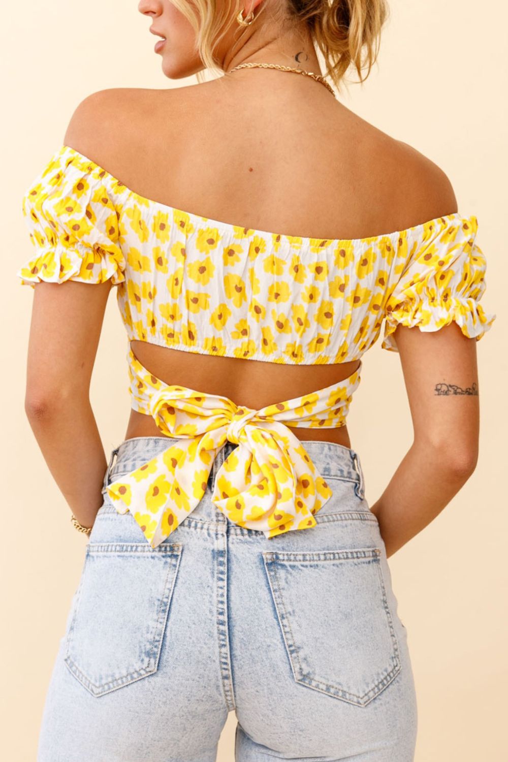 Flower Print Ruffle Trim Off-Shoulder Back Tie Blouse