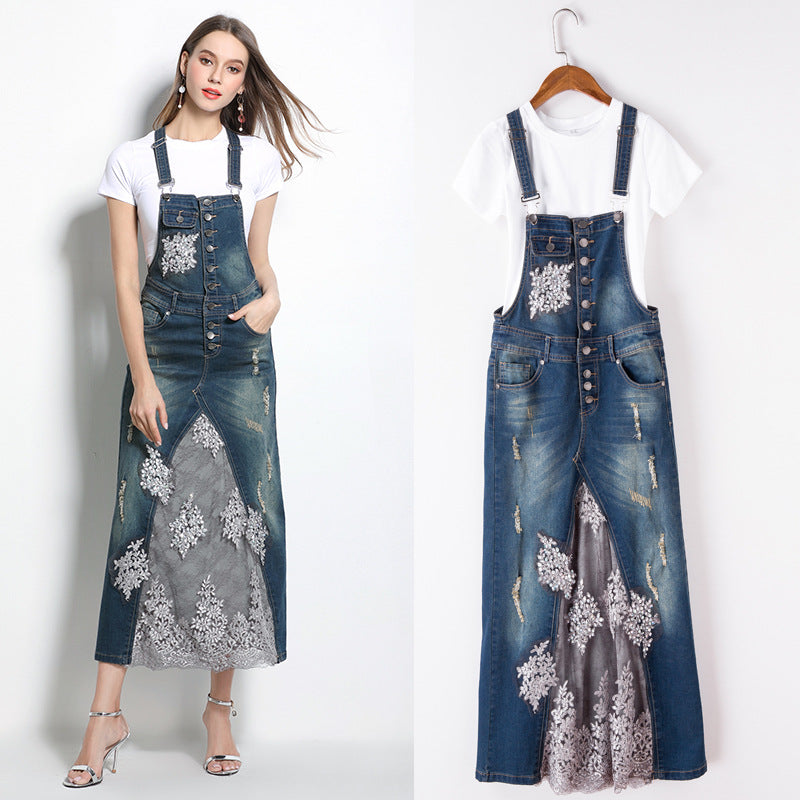 Robe à bretelles en coton et denim en dentelle