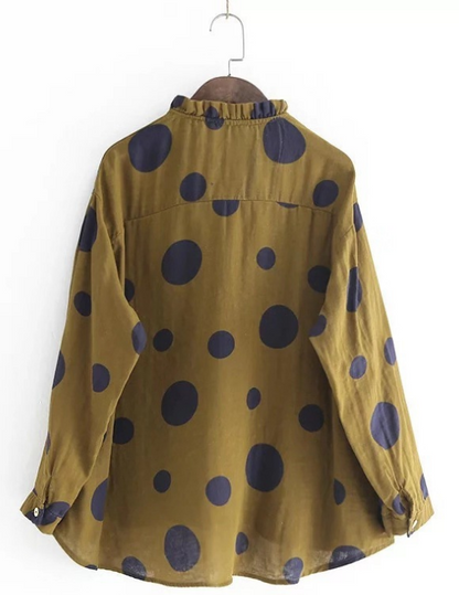 Casual Polka Dot Print Stand Collar Loose Women Blouses