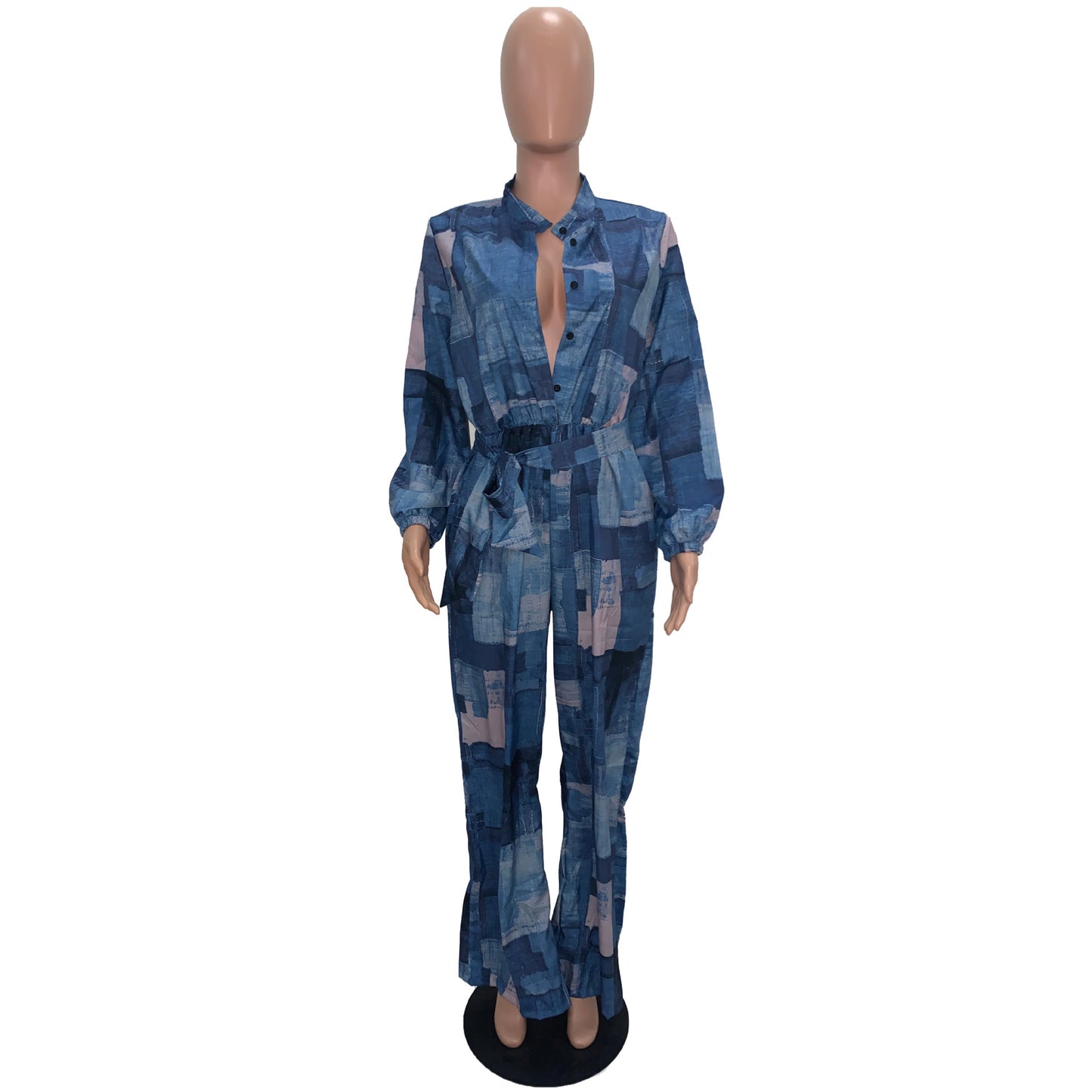 Faux Denim Print Loose Belt Wide-Leg Loose Jumpsuit