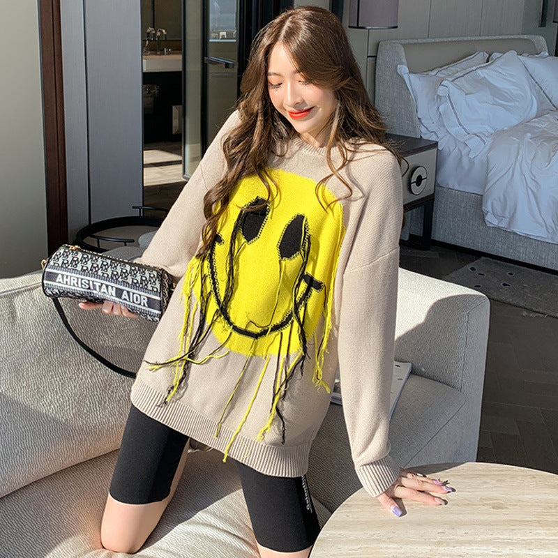 Loose smiley long-sleeved knitted top