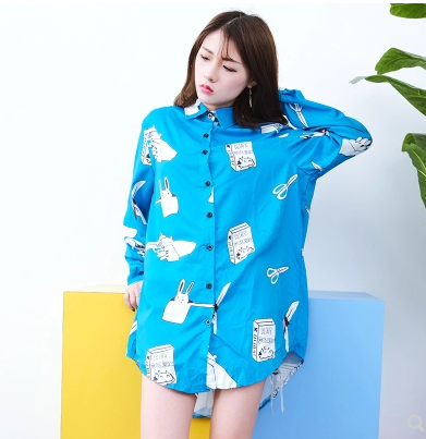 New Harajuku style English cartoon pistol loose long sleeve long shirt women