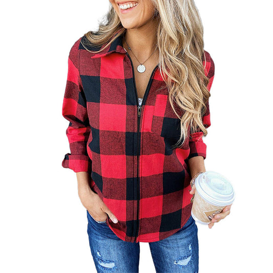 New Red Plaid Women's Long Sleeve Jacket