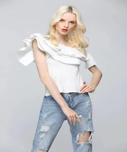 Off-the-shoulder diagonal collar ruffle shirt