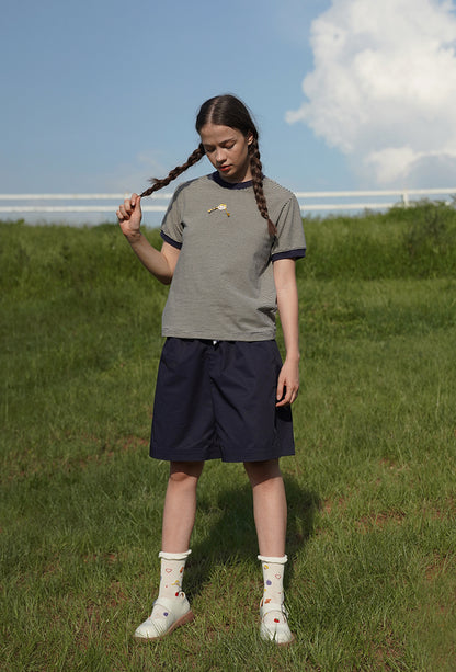 Embroidered retro wild striped short sleeve